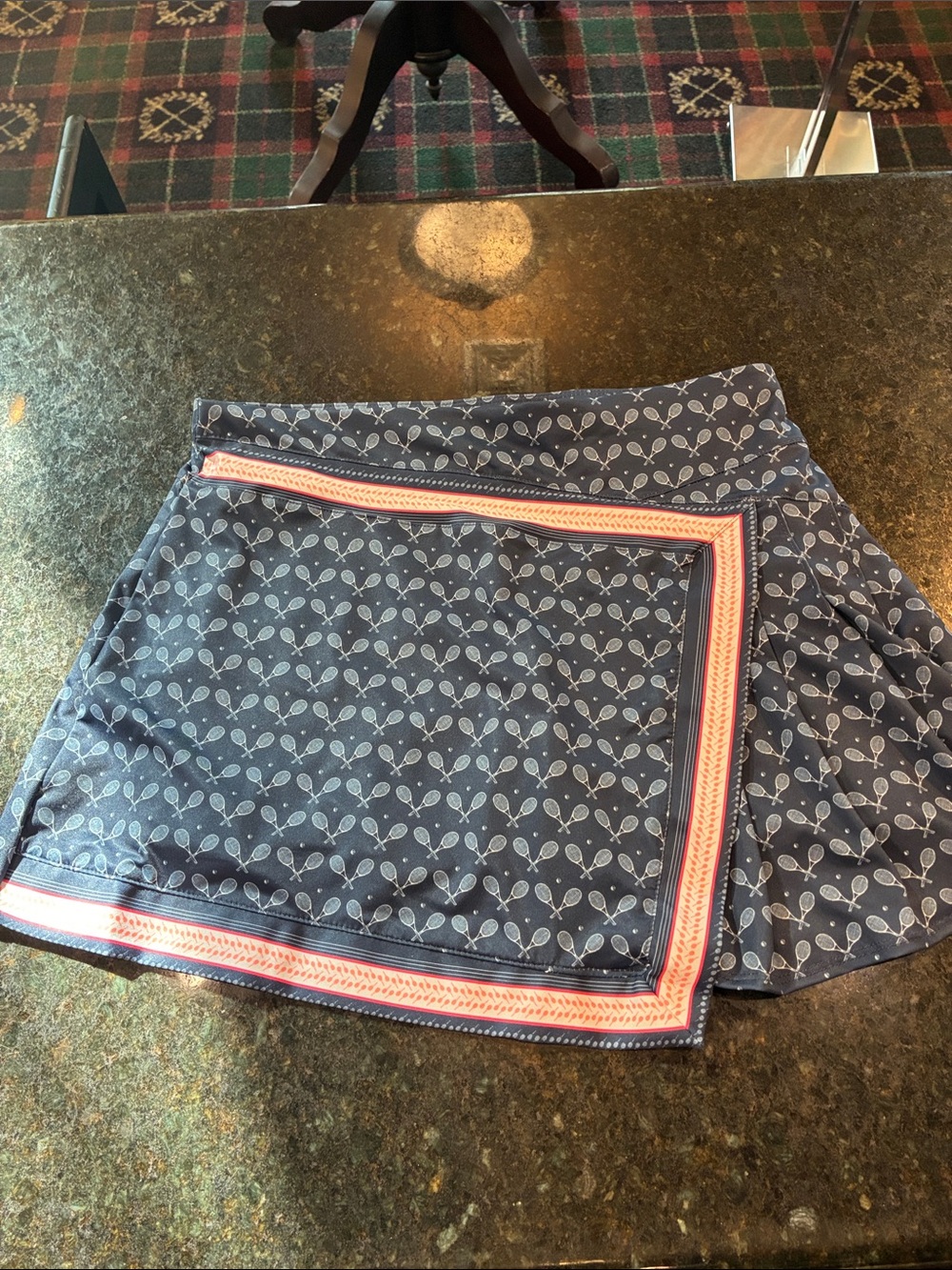 Lucky in Love Navy Tennis Racket Print Skirt with Coral Trim